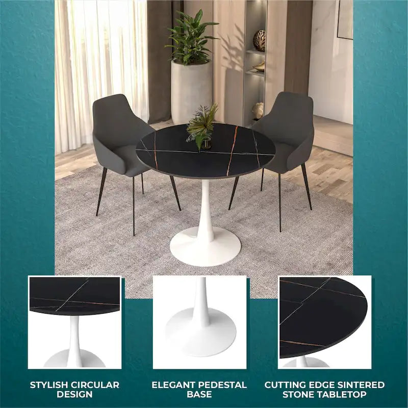 Table de salle à manger ronde Bristol pour 4 personnes, plateau en pierre frittée de 89 cm avec base piédestal en acier inoxydable blanc