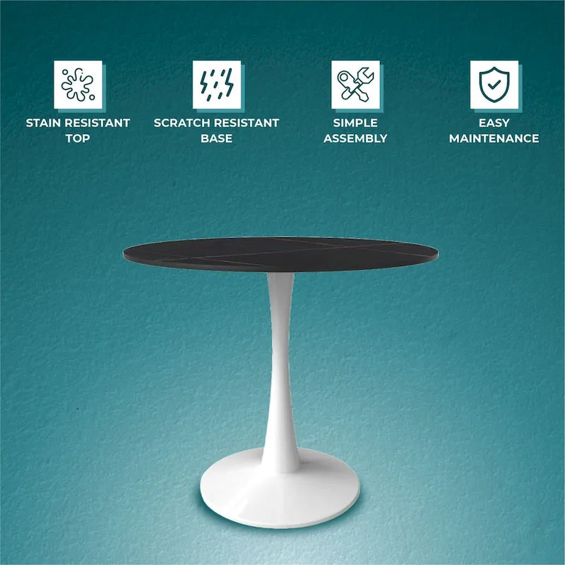 Table de salle à manger ronde Bristol pour 4 personnes, plateau en pierre frittée de 89 cm avec base piédestal en acier inoxydable blanc
