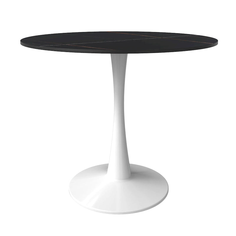 Table de salle à manger ronde Bristol pour 4 personnes, plateau en pierre frittée de 89 cm avec base piédestal en acier inoxydable blanc