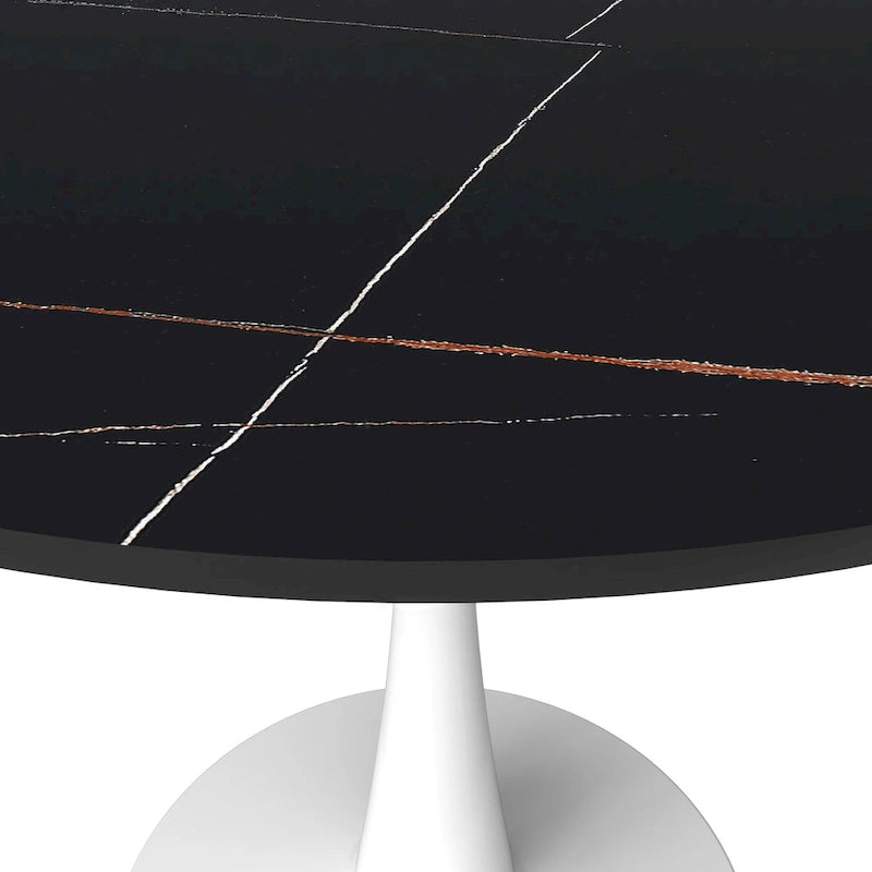 Table de salle à manger ronde Bristol pour 4 personnes, plateau en pierre frittée de 89 cm avec base piédestal en acier inoxydable blanc