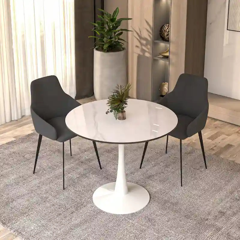 Table de salle à manger ronde Bristol pour 4 personnes, plateau en pierre frittée de 89 cm avec base piédestal en acier inoxydable blanc