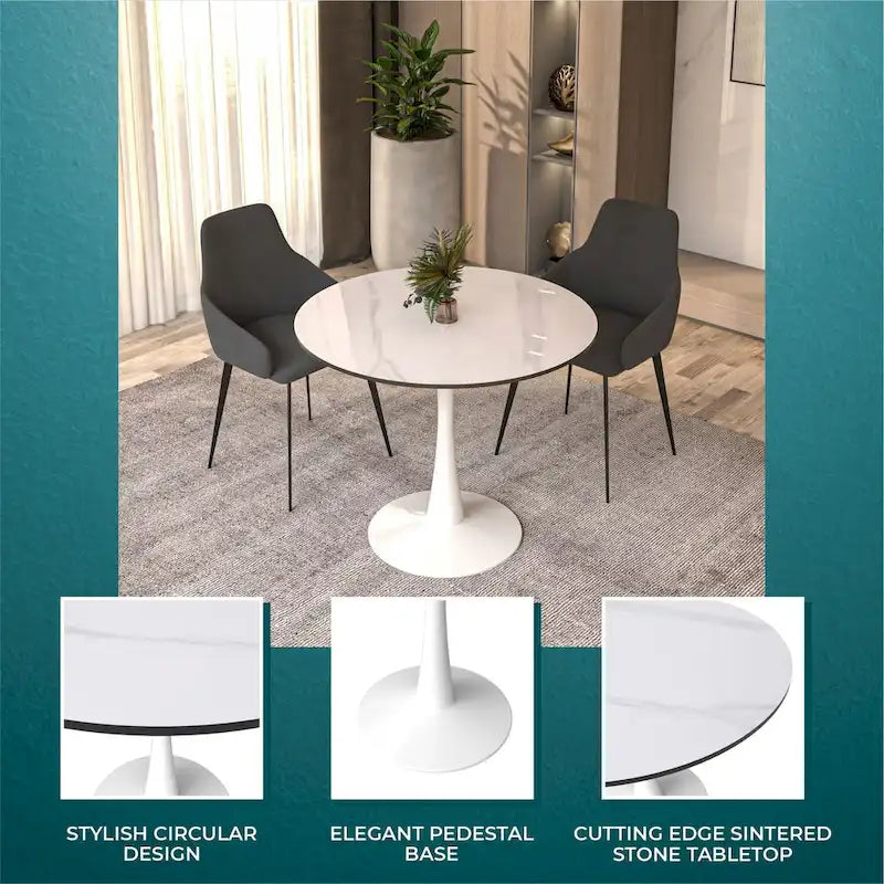 Table de salle à manger ronde Bristol pour 4 personnes, plateau en pierre frittée de 89 cm avec base piédestal en acier inoxydable blanc