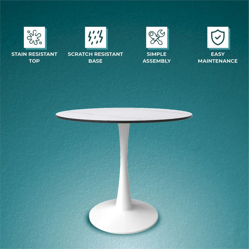 Table de salle à manger ronde Bristol pour 4 personnes, plateau en pierre frittée de 89 cm avec base piédestal en acier inoxydable blanc