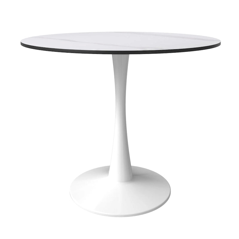 Table de salle à manger ronde Bristol pour 4 personnes, plateau en pierre frittée de 89 cm avec base piédestal en acier inoxydable blanc