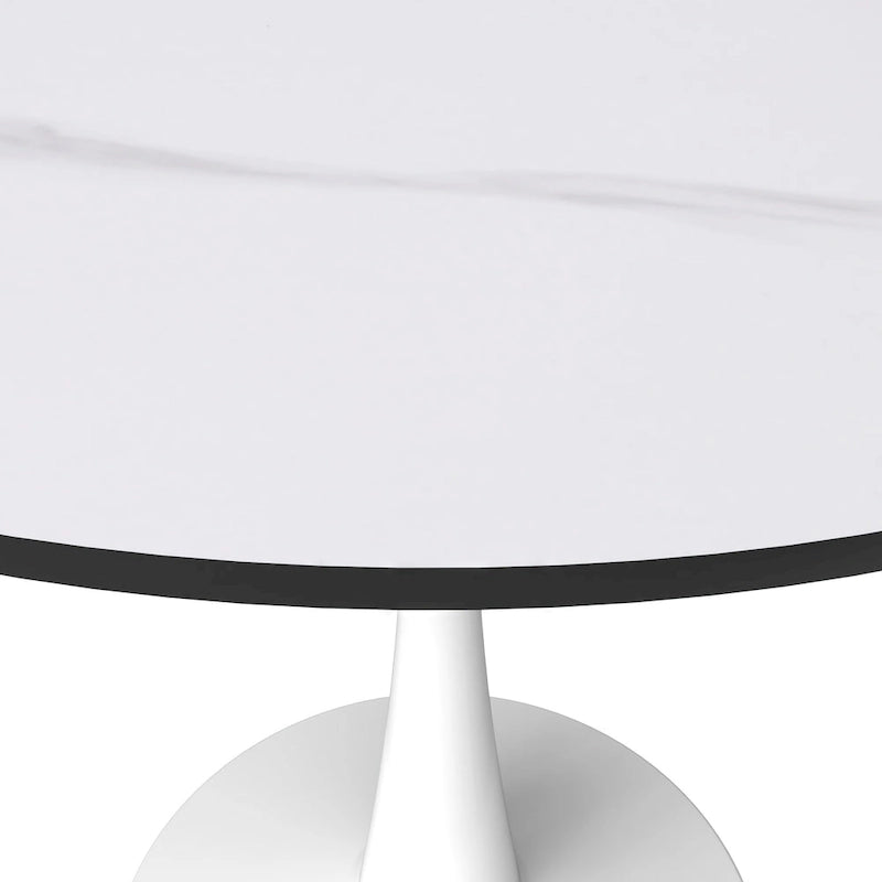 Table de salle à manger ronde Bristol pour 4 personnes, plateau en pierre frittée de 89 cm avec base piédestal en acier inoxydable blanc