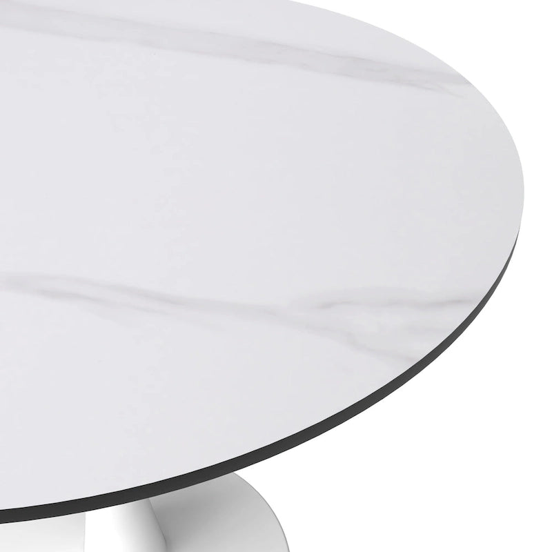 Table de salle à manger ronde Bristol pour 4 personnes, plateau en pierre frittée de 89 cm avec base piédestal en acier inoxydable blanc