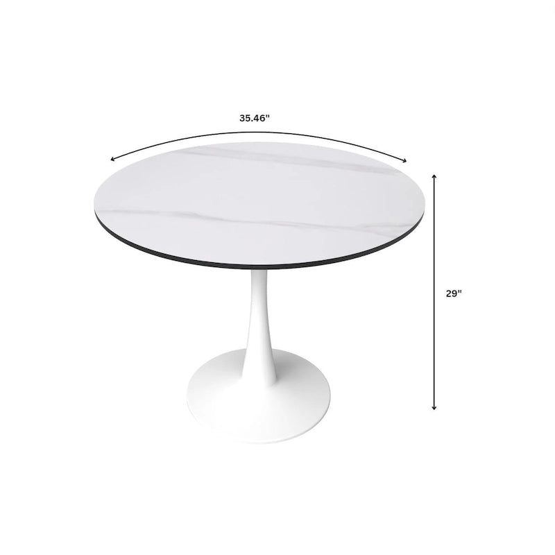 Table de salle à manger ronde Bristol pour 4 personnes, plateau en pierre frittée de 89 cm avec base piédestal en acier inoxydable blanc