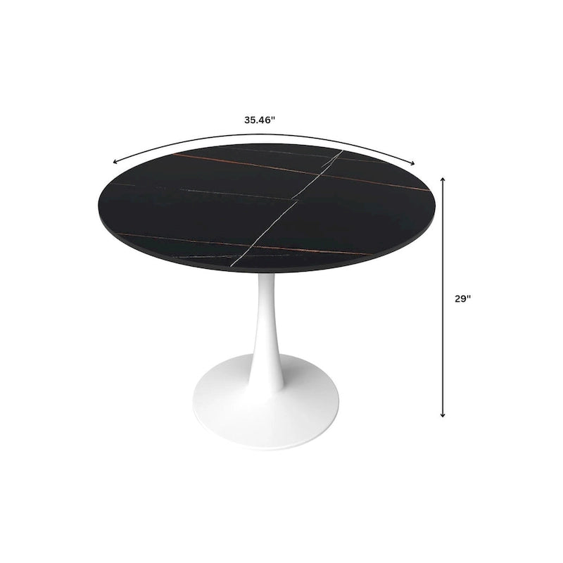 Table de salle à manger ronde Bristol pour 4 personnes, plateau en pierre frittée de 89 cm avec base piédestal en acier inoxydable blanc