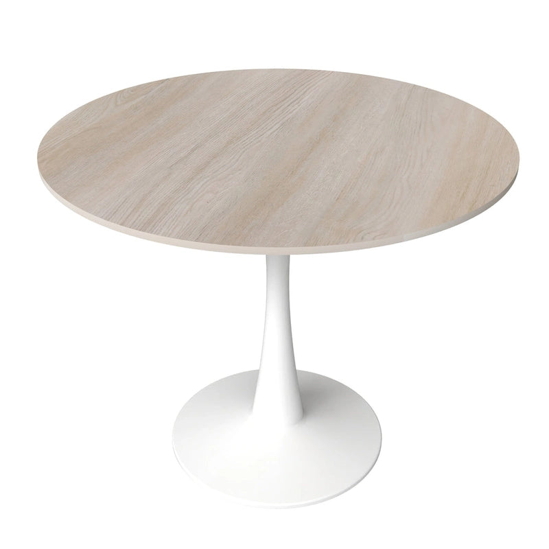 Table de salle à manger ronde Bristol pour 4 personnes, plateau en pierre frittée de 89 cm avec base piédestal en acier inoxydable blanc