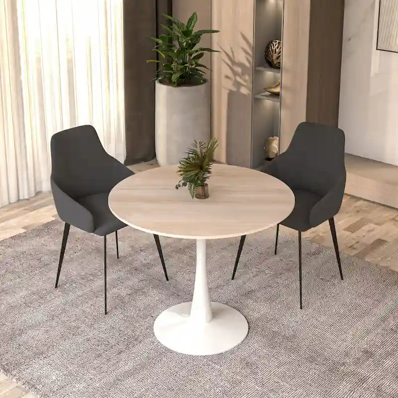 Table de salle à manger ronde Bristol pour 4 personnes, plateau en pierre frittée de 89 cm avec base piédestal en acier inoxydable blanc