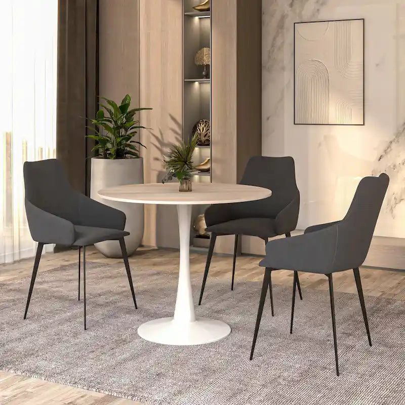 Table de salle à manger ronde Bristol pour 4 personnes, plateau en pierre frittée de 89 cm avec base piédestal en acier inoxydable blanc