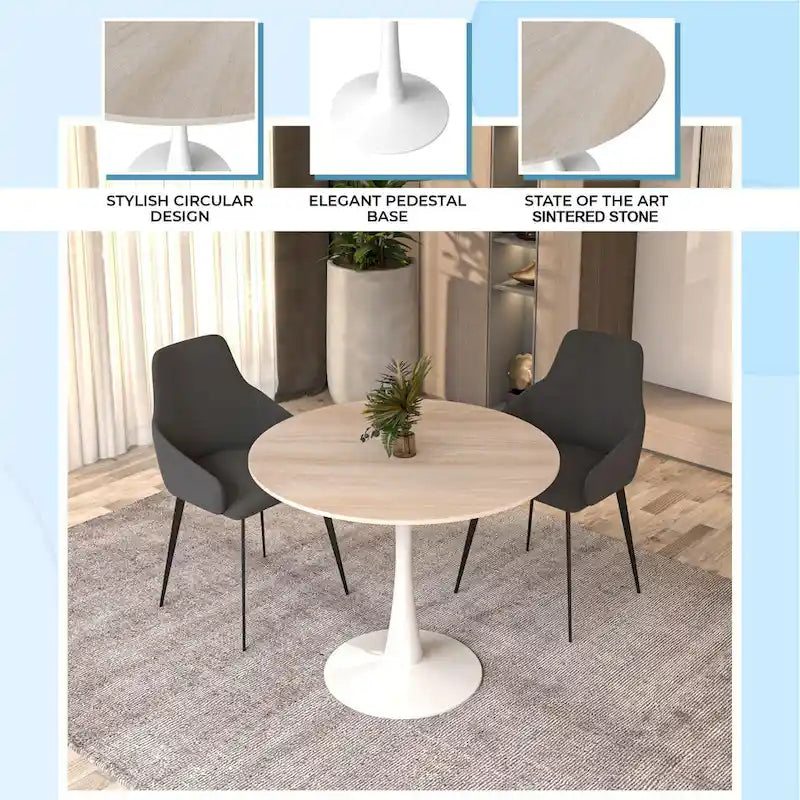 Table de salle à manger ronde Bristol pour 4 personnes, plateau en pierre frittée de 89 cm avec base piédestal en acier inoxydable blanc