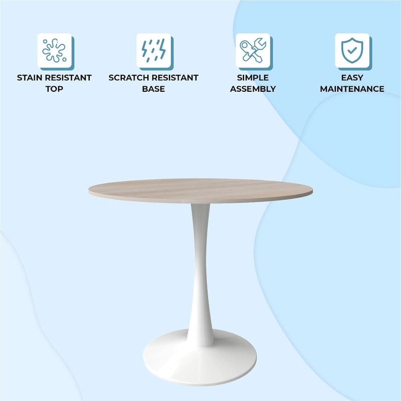 Table de salle à manger ronde Bristol pour 4 personnes, plateau en pierre frittée de 89 cm avec base piédestal en acier inoxydable blanc