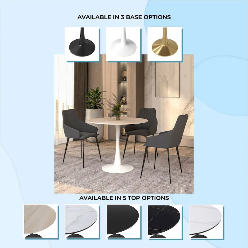 Table de salle à manger ronde Bristol pour 4 personnes, plateau en pierre frittée de 89 cm avec base piédestal en acier inoxydable blanc