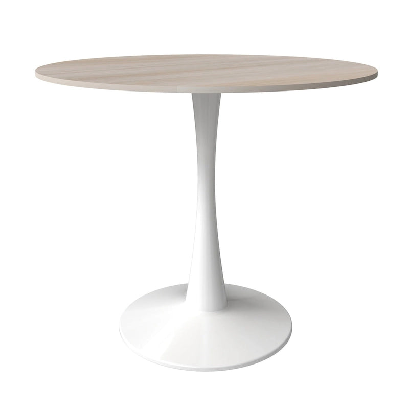 Table de salle à manger ronde Bristol pour 4 personnes, plateau en pierre frittée de 89 cm avec base piédestal en acier inoxydable blanc